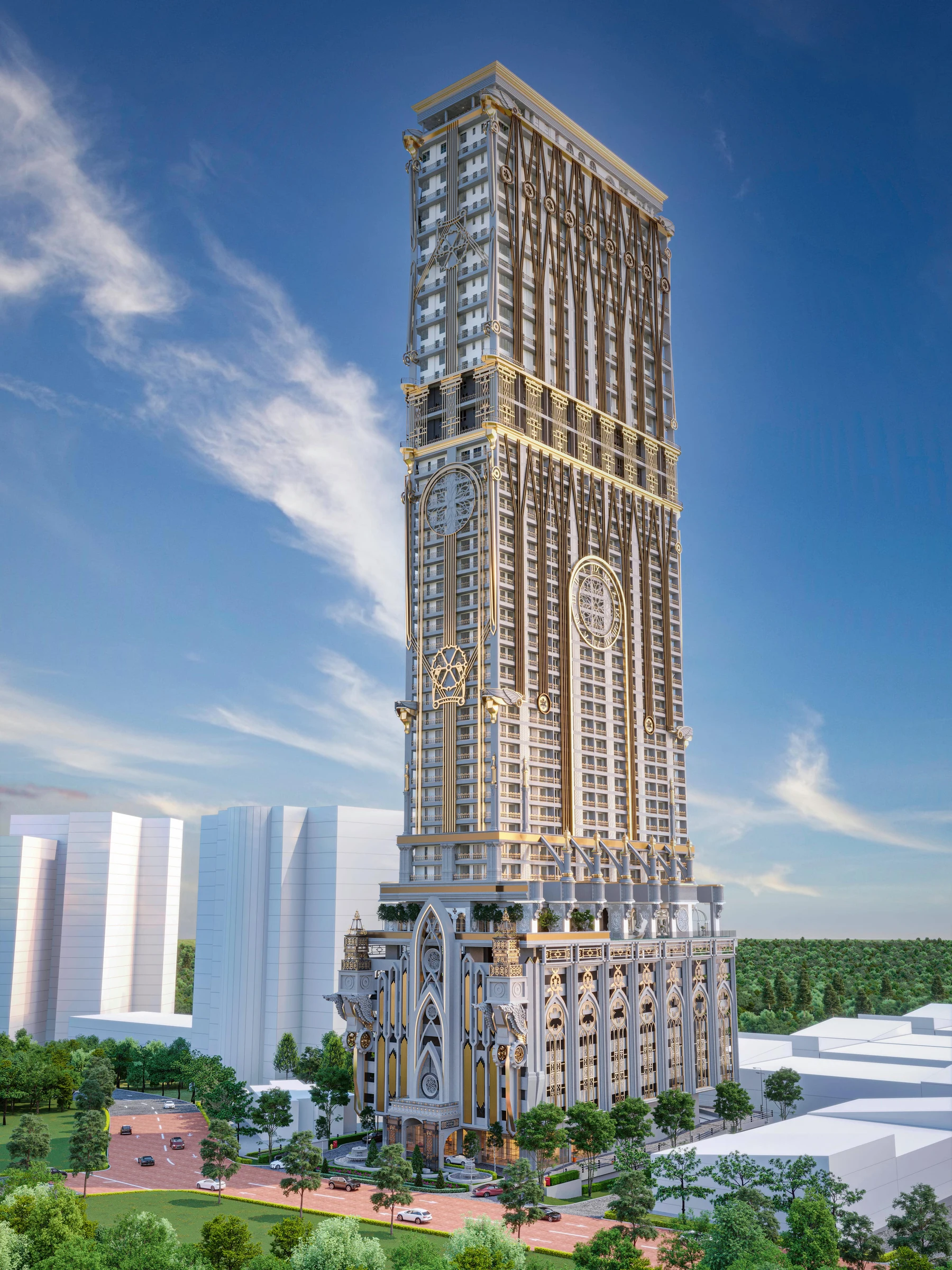 Daytime architectural rendering of the Arte Solaris tower, with sculptural gold and ivory detailing
